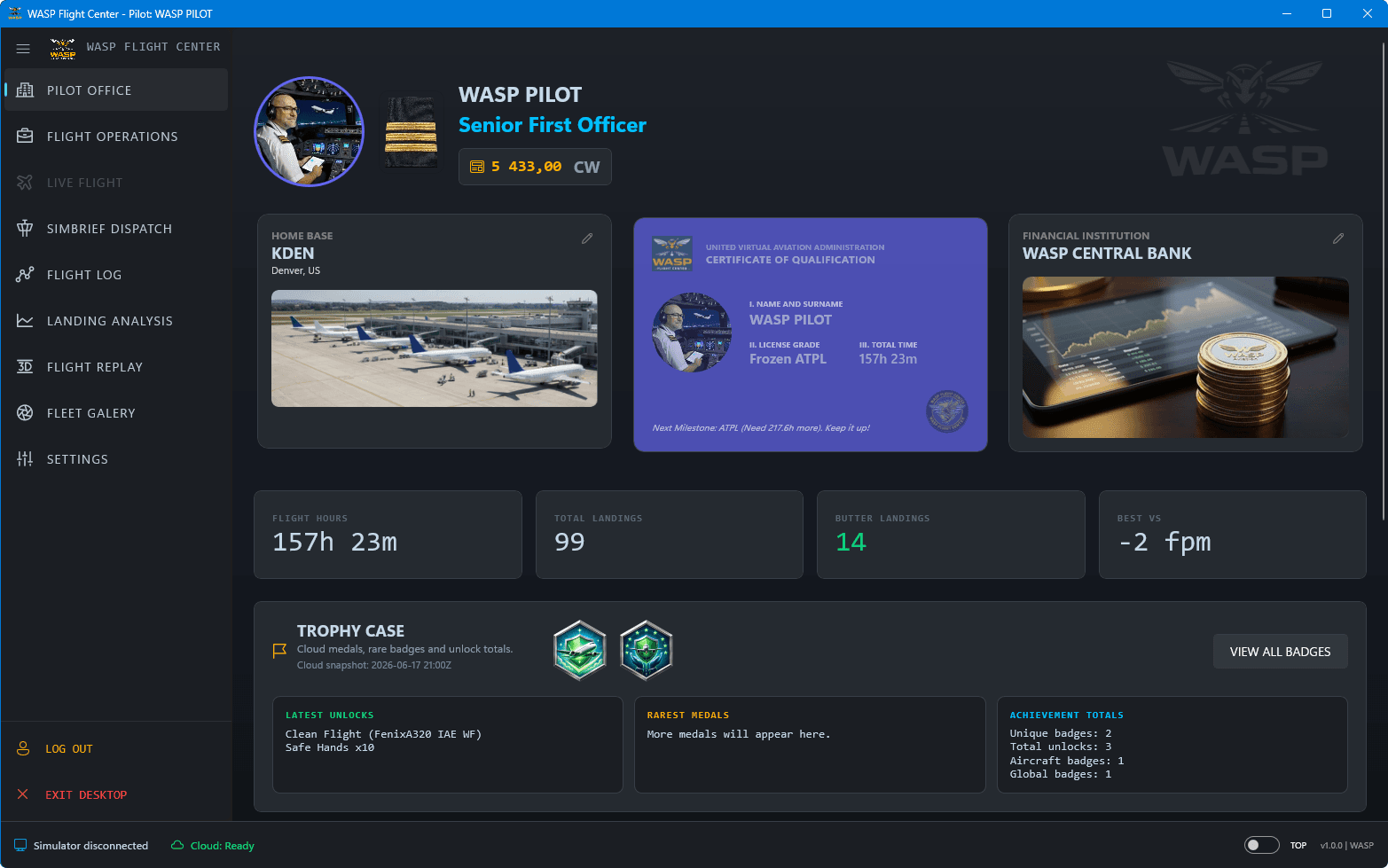 WASP Flight Center pilot office dashboard