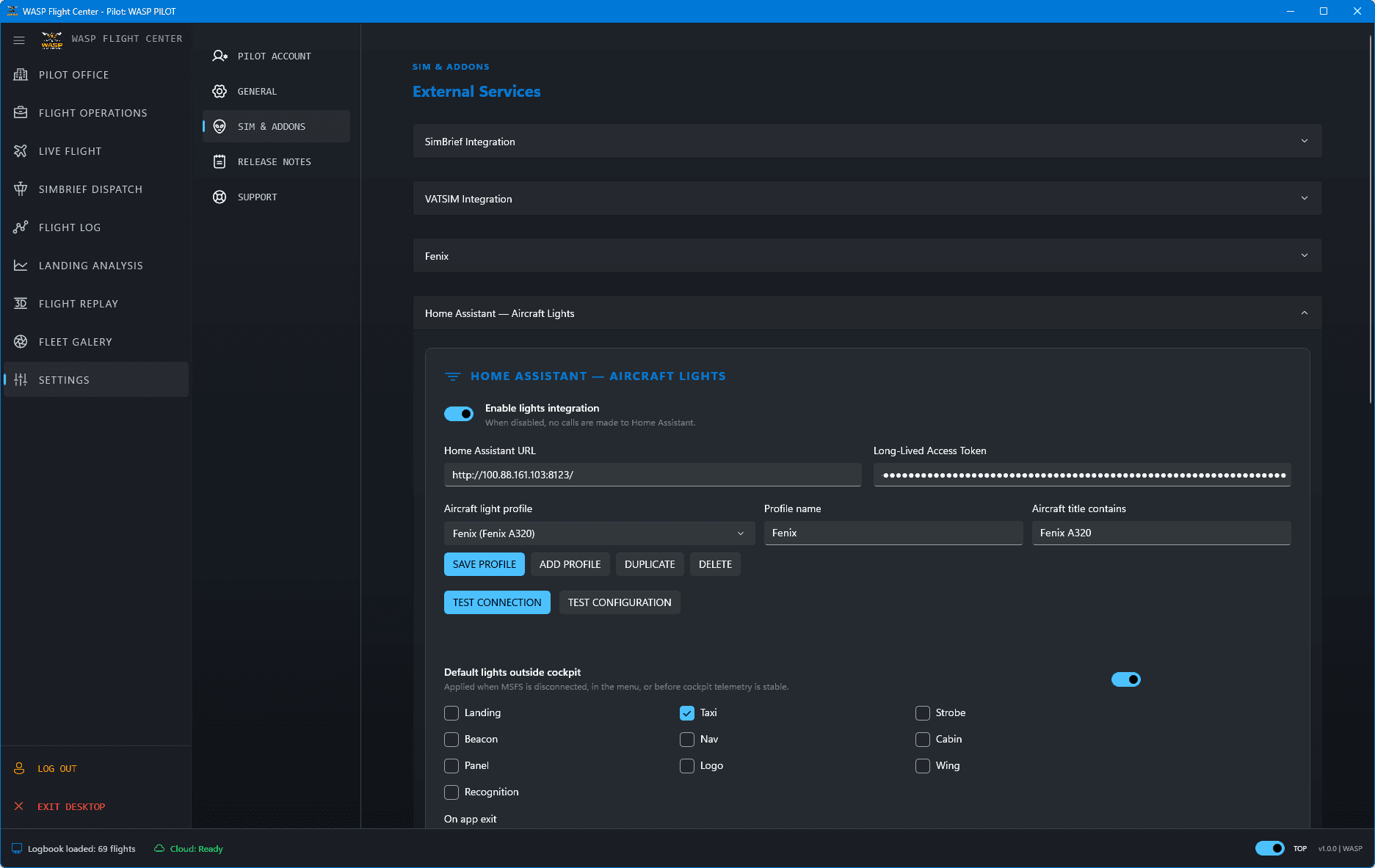 WASP Flight Center Home Assistant settings