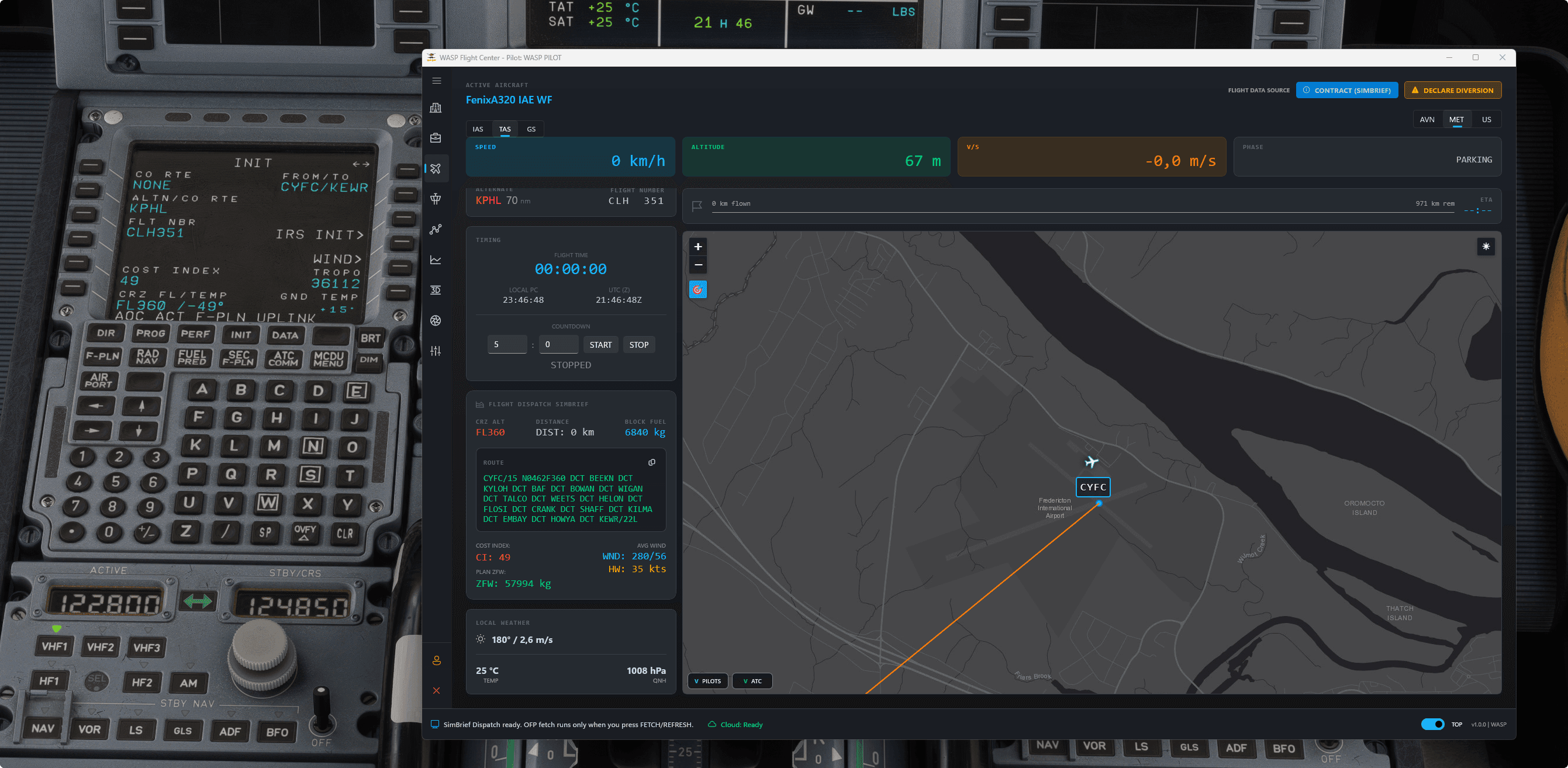 WASP Flight Center live display over cockpit background